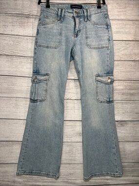 Aeropostale Mid Rise Flare Utility Cargo Jeans Women’s 2S Light Wash Y2K